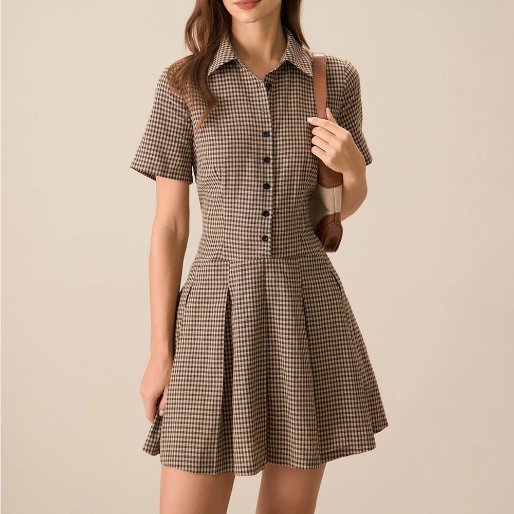 RIHOAS Brown Checkered Short Sleeve Mini Dress